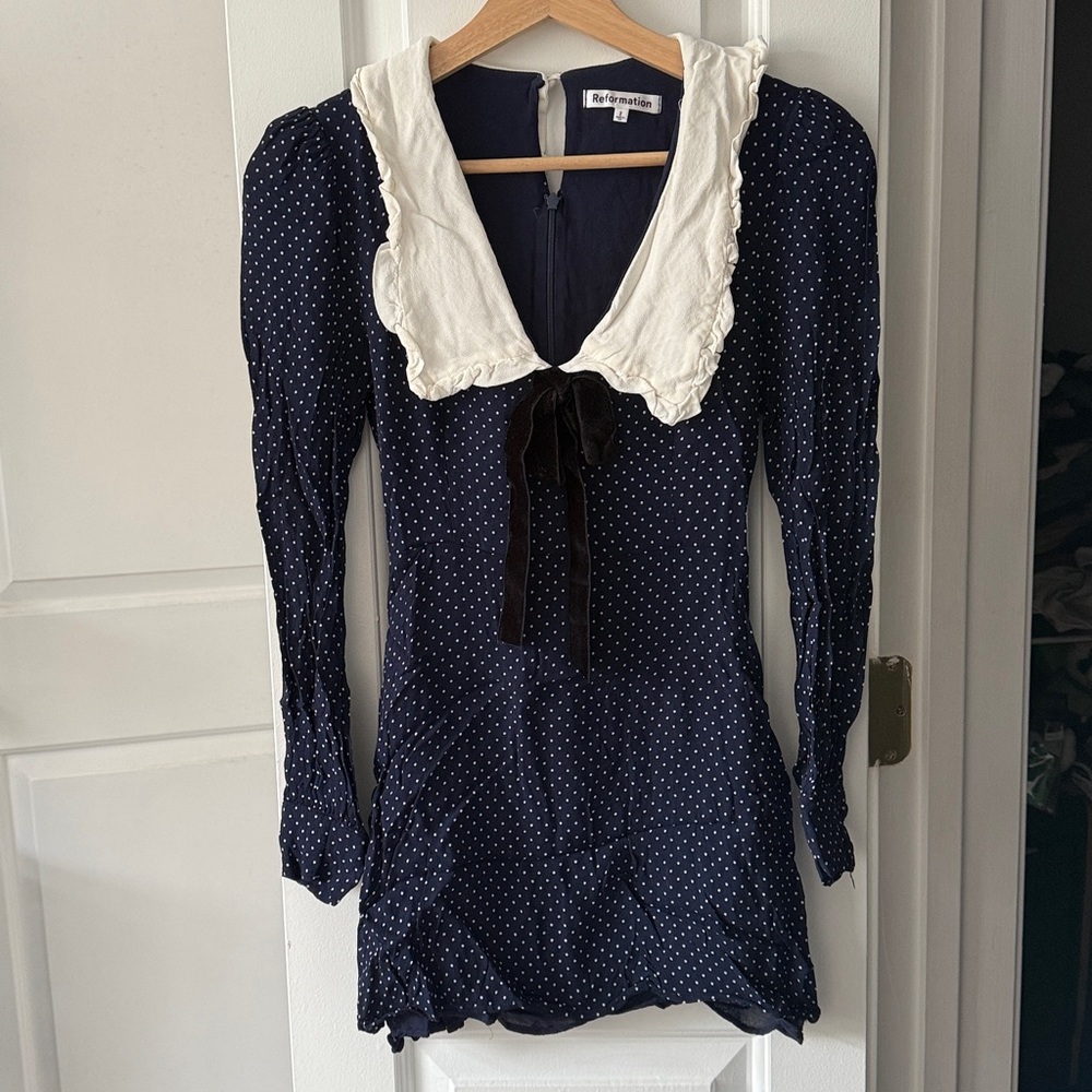Reformation Navy Polka Dot Mini Dress
